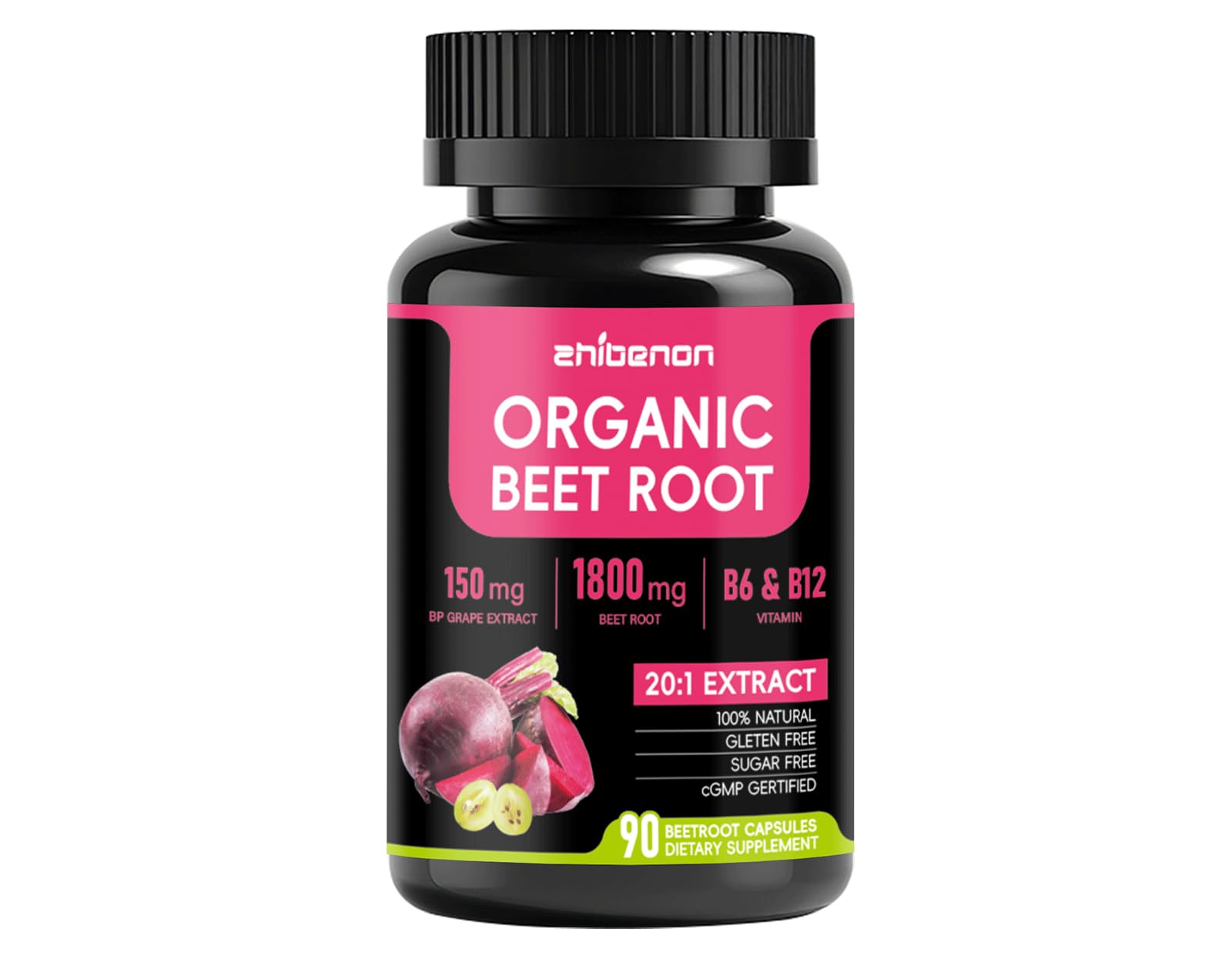 Zhibenon Pré-treino de beterraba com extrato de beterraba 20:1, semente de uva, espinheiro e vitaminas B — 1800 mg — 90 cápsulas