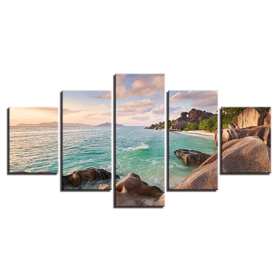 Tableau de décoration murale en toile 5 parties plage et palmier 100x50cm ANROU