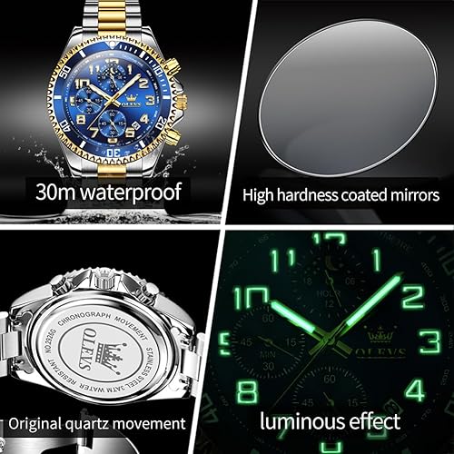 Miniatura 5 de OLEVS Reloj cronógrafo para hombre, vestido de lujo, acero inoxidable, impermeable, para hombre, fase lunar, calendario luminoso, de negocios,