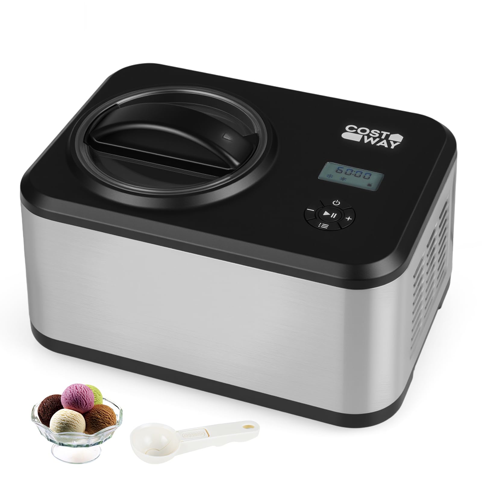 COSTWAY Máquina de Helados 1,5 L, Heladera de Acero Inoxidable Casera con Compresor Integrado, 4 Modos, Pantalla LCD, Función Temporizador, Máquina para Hacer Helado Gelato Sorbete Yogur para Hogar