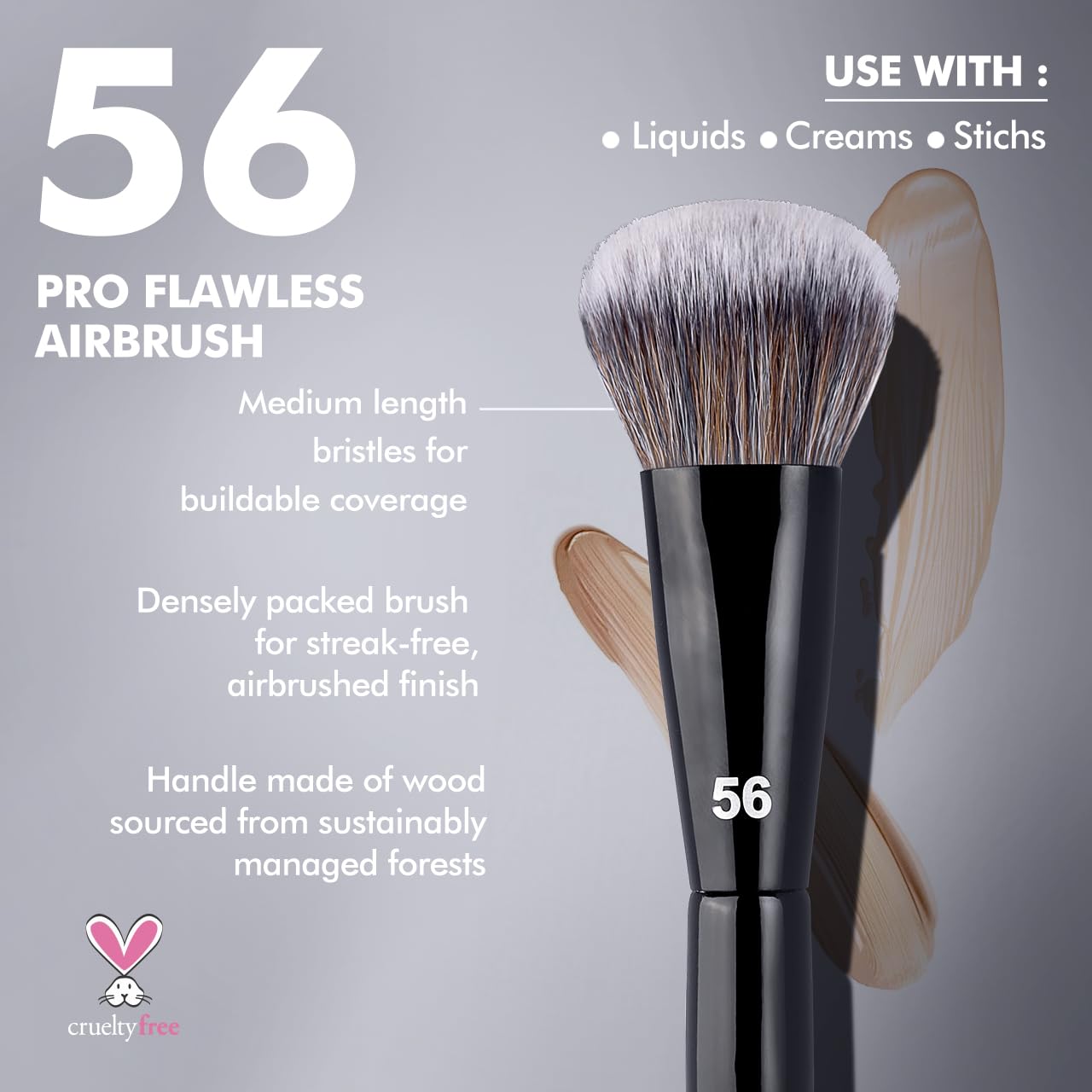 Bueart Design Pro Flawless Pinceau de maquillage aérographe 56 | Poils ultra doux et denses pour liquide, crème, fond de teint, poudre, blush