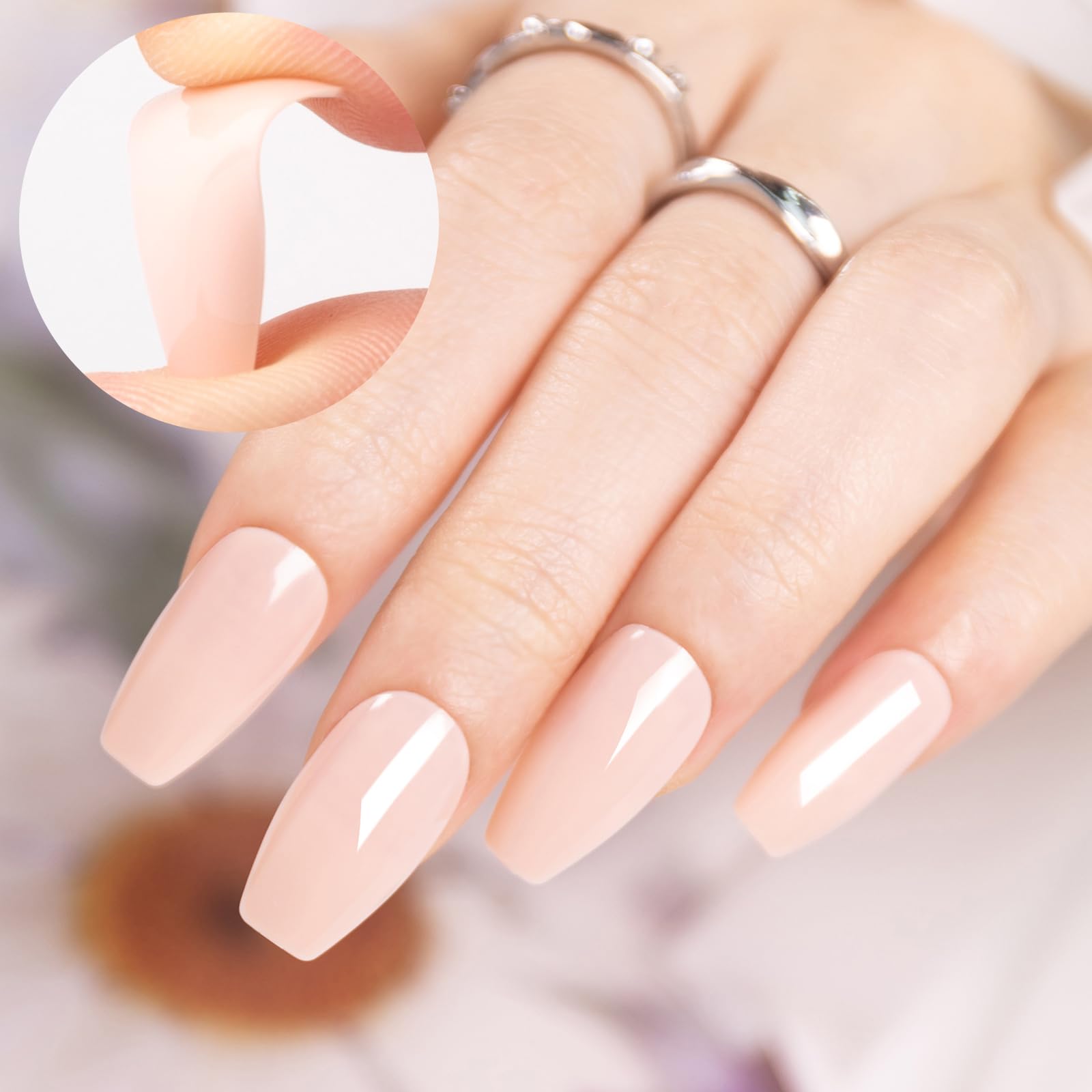 Coffin Press on Nails, Soft Press on Nails Short TPU Natural Fit Fake Nails with Jelly Adhesive Tabs Reusable Press on Nail 14 Sizes 28PCS (Skin) A-skin
