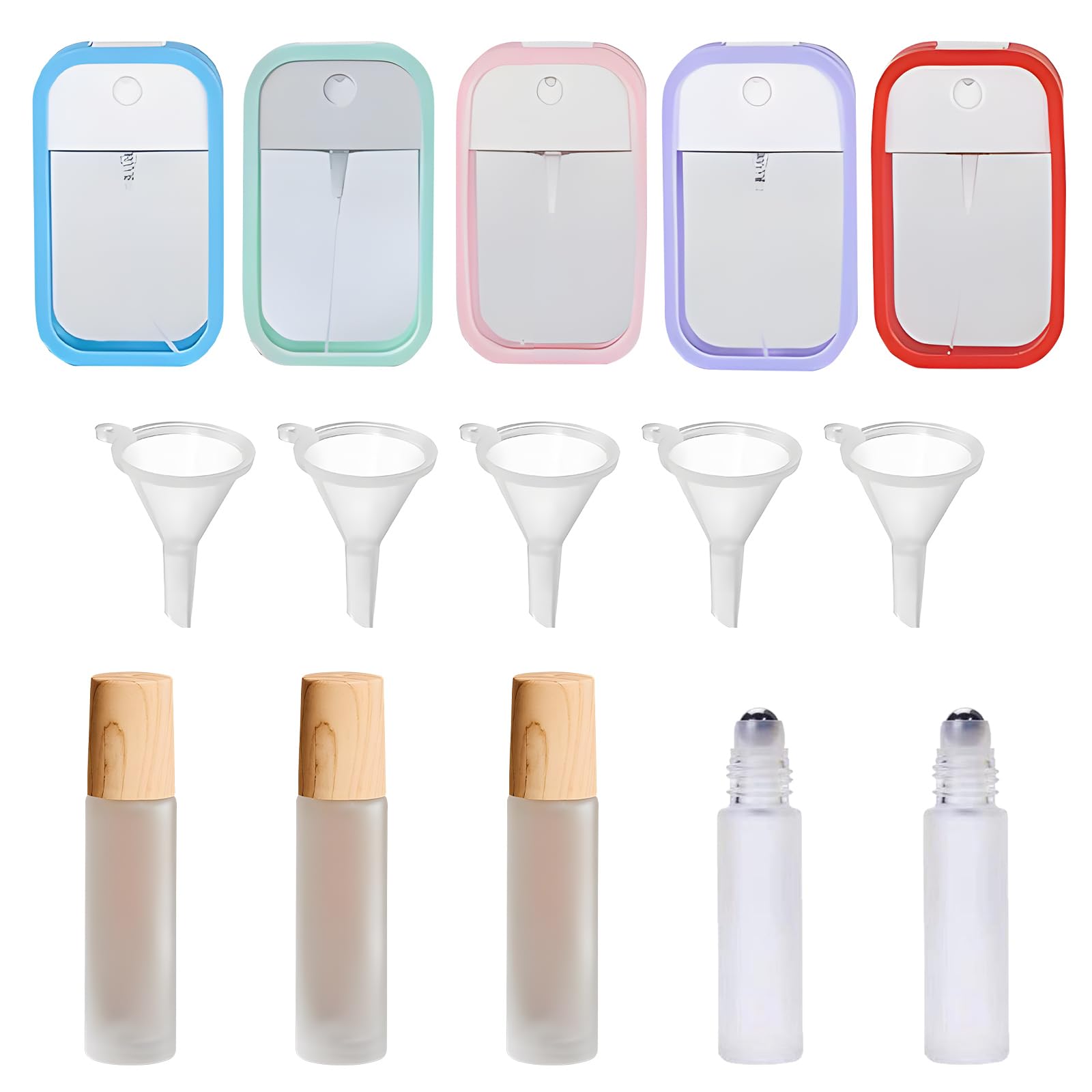 WGL&HJ 5 PCS Portable Card Spray Bottles 50 ML, 5 PCS Rolling Bead of Steel Style Travel Bottles 10ML,Refillable Essential Oils, Perfumes,Facial Mists,Square Case with Funnels & Hook