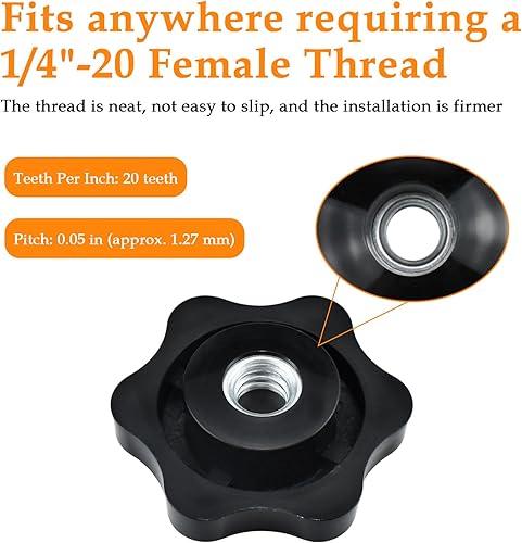 Miniatura 4 de Aifeier ET 4 piezas de pomo de nailon negro de 14 a 20 pulgadas, tuercas roscadas con forma de 6 estrellas, perillas de sujeción (0.25 pulgadas0.250