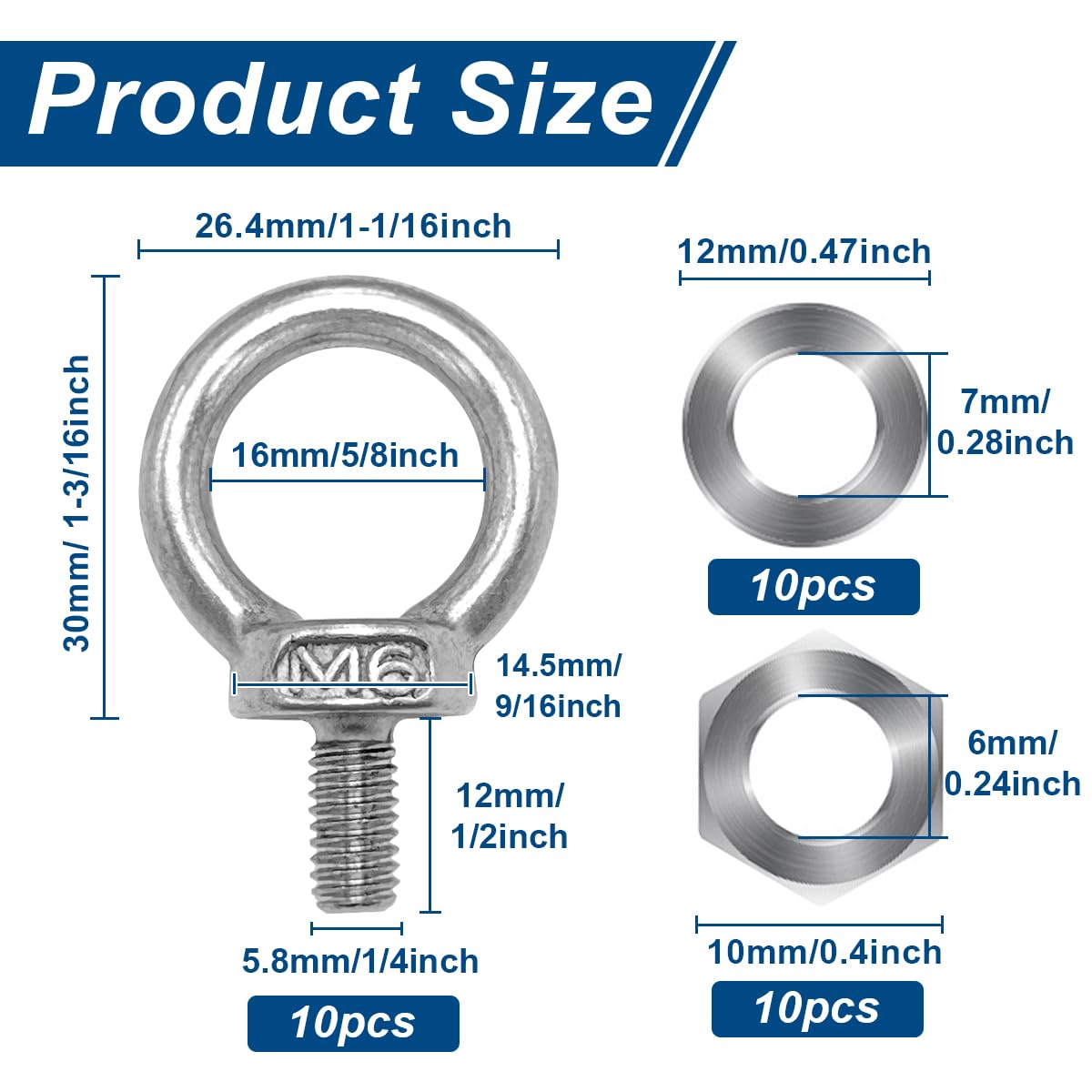 10 Pcs M6 x 12mm Eye Bolts with Nuts Stainless Steel Shoulder Ring Eyebolts