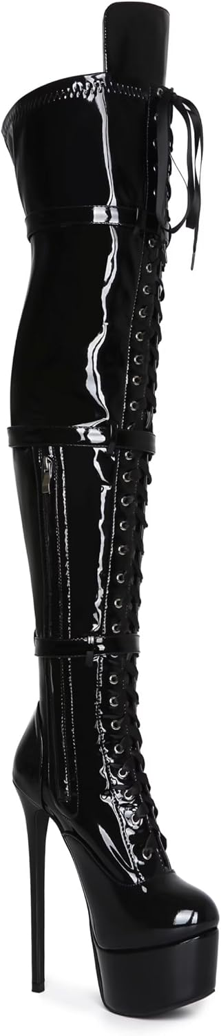 Frankie Hsu Sexy Stiletto Platform High Heel Over The Knee Long Boots, Black Patent Ribbon Belt Elastic Adjustable Calf Thigh Big Large Size US5-19 Shoes For Women Men