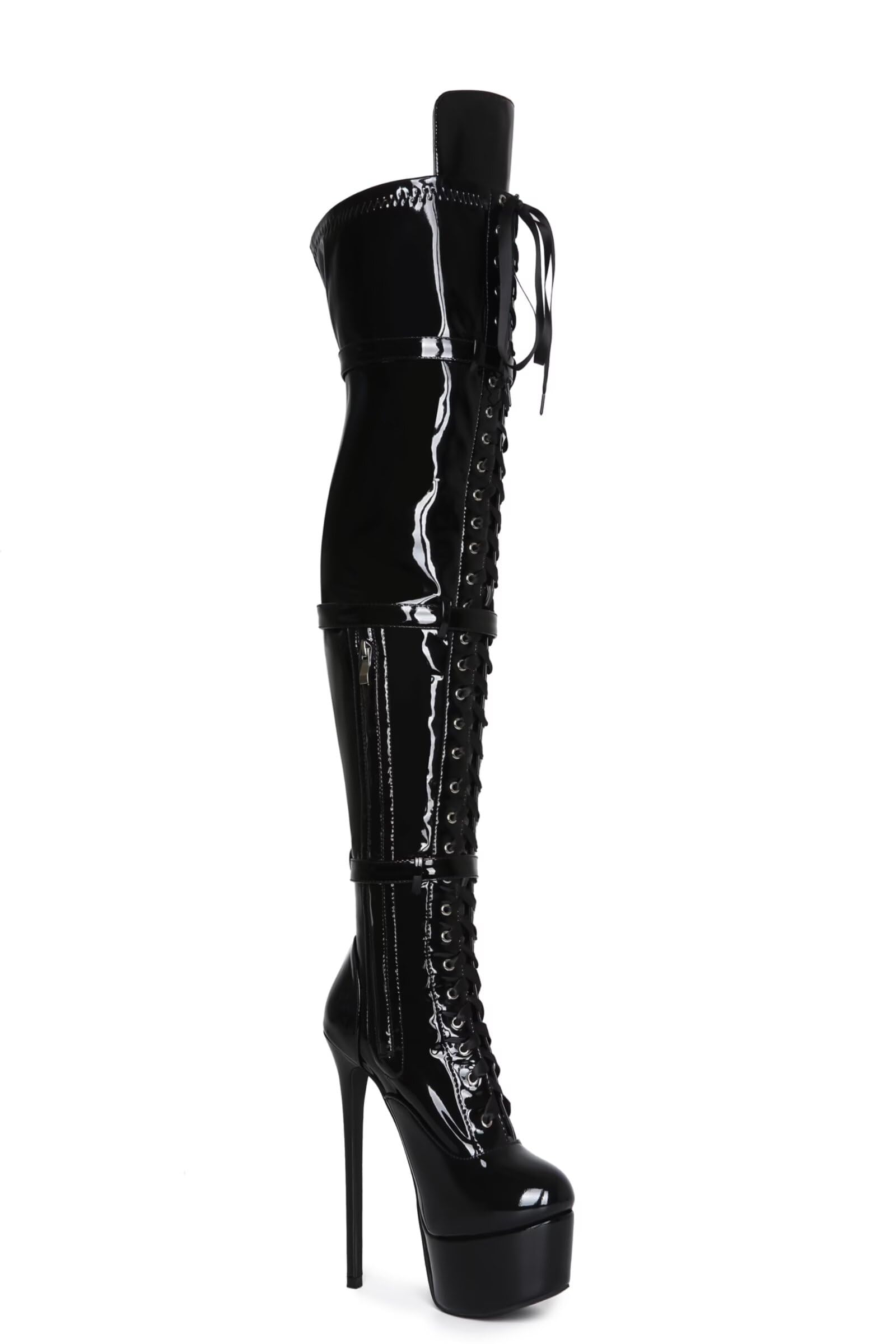 Frankie Hsu Botas largas de tacón alto con plataforma de aguja sexy por encima de la rodilla, cinturón de cinta de charol negro, elástico ajustable, muslo, talla grande, talla grande US5-19, zapatos