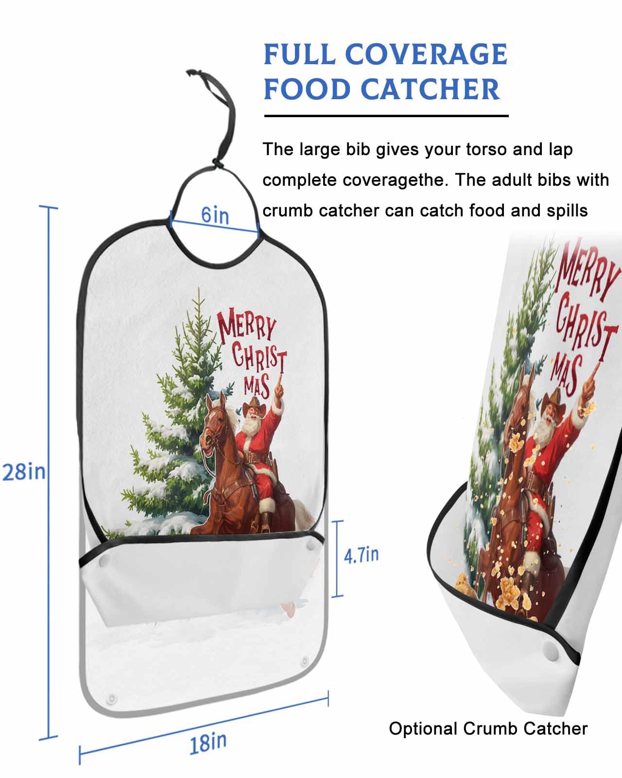 Christmas Western Adult Bib for Adults Men,Women,Cowboy Santa Claus Xmas Pine Tree Winter Washable & Adjustable Terry Cloth Bib with Crumb Catcher Reusable Waterproof Clothing Clothes Protector Apron