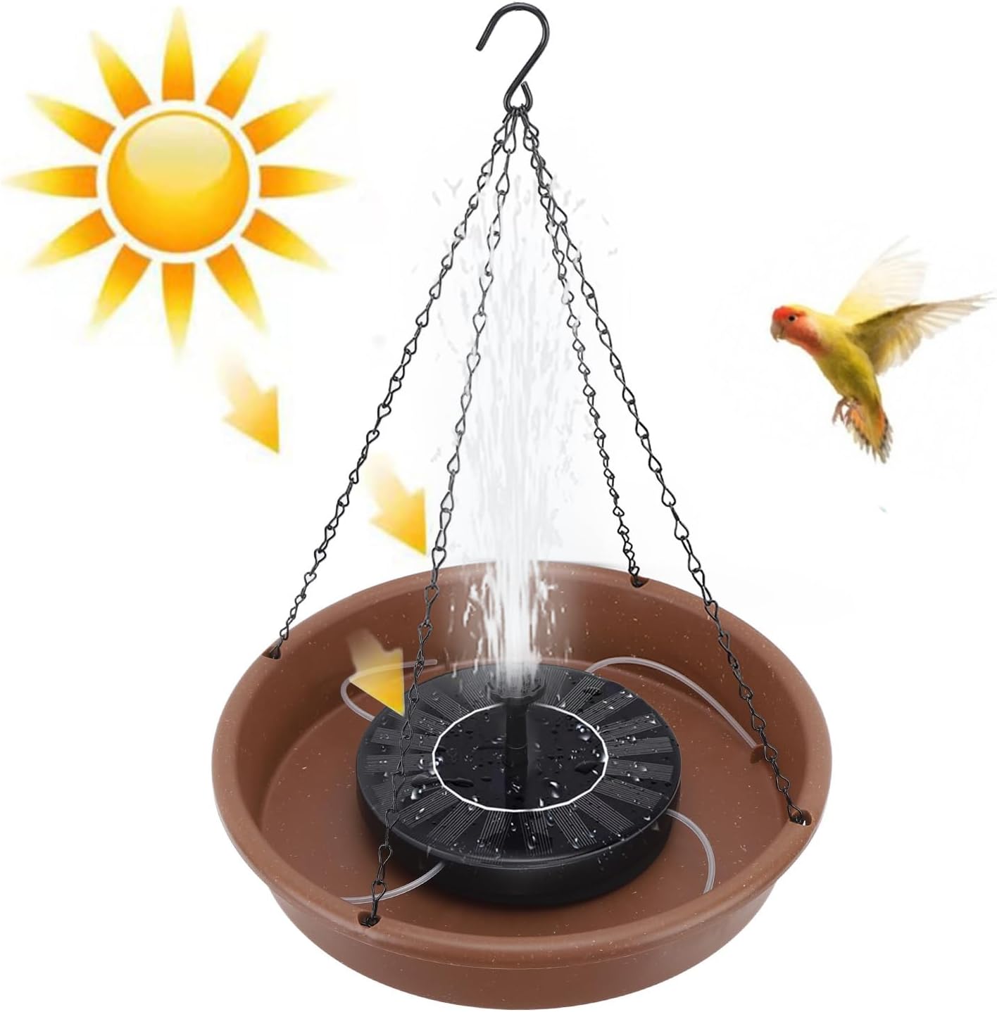 Solar Bird Bath Fountain Pump with 6 Nozzles, Metal Hanging Deck Mount Bowl, Outdoor Garden Patio Backyard - Solar Powered, Decorative Water Feature, Bird Friendly