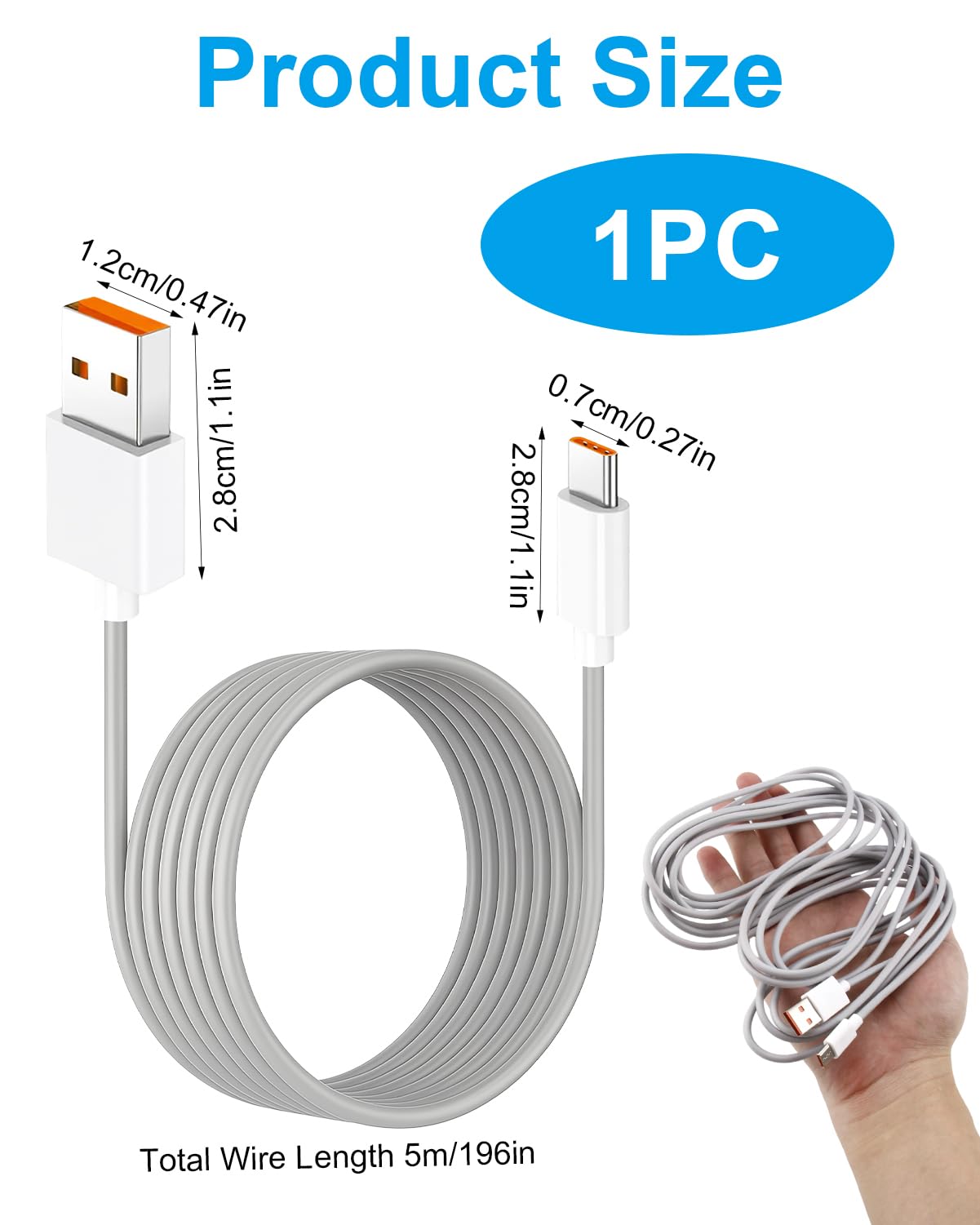 AIAUXAI USB C Cable 5M,Extra Long Power Extension Cable Compatible With Mi Camera 2K Security