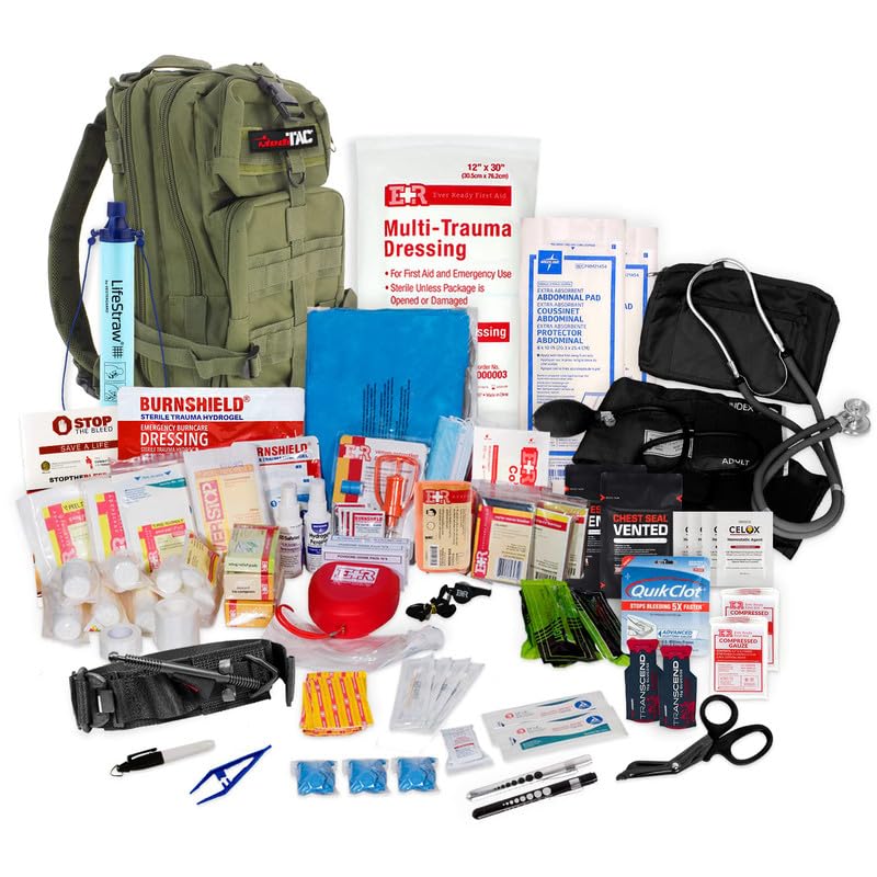 MediTac Rucksack Assault Trauma Tactical Kit Feat. SOF Tourniquet, Chest Seals, Clotting Gauze - Olive Drab