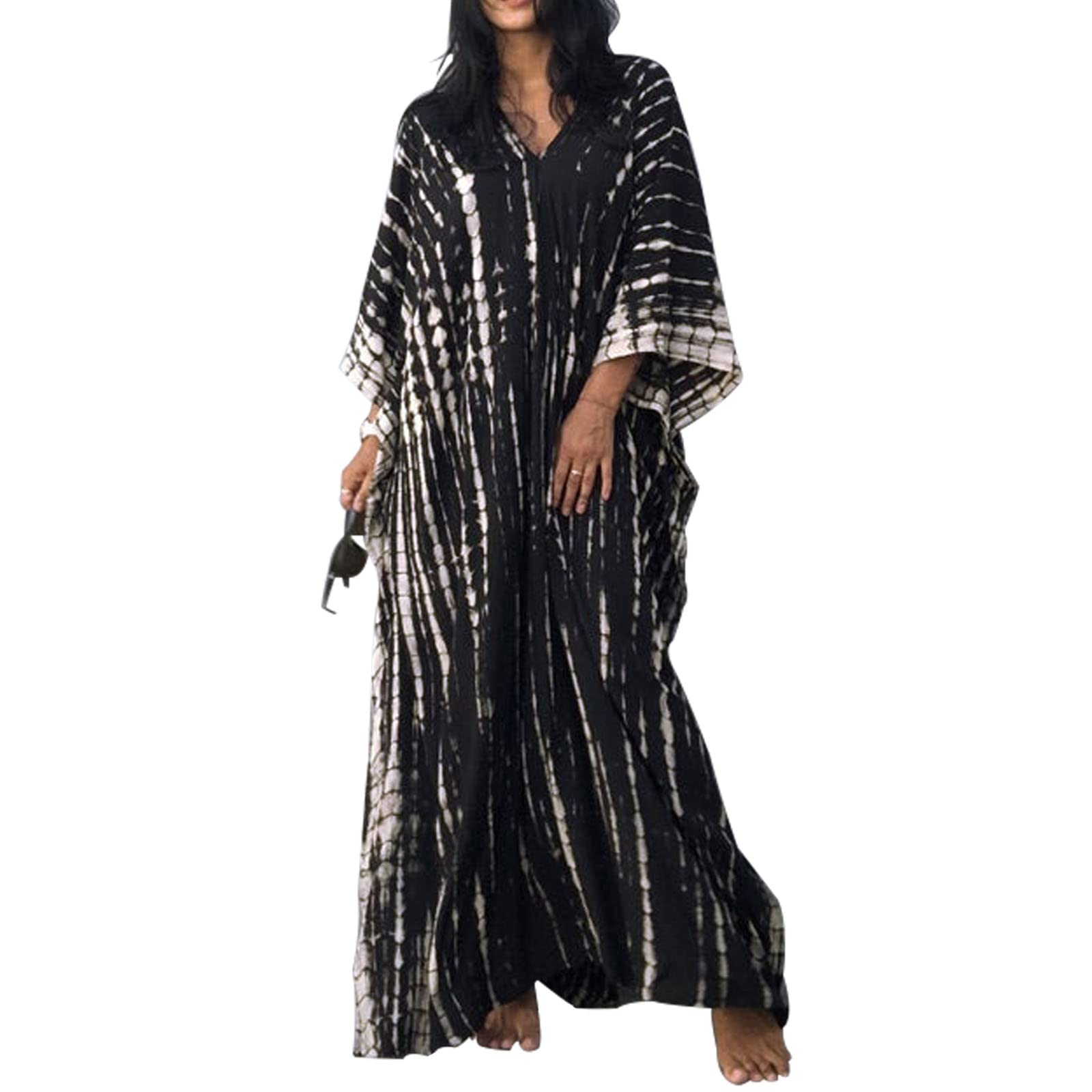 Baynetin Women Kaftan Dress,Free Size Loose Long Caftans Short Sleeve Tunic Kimono Everyday Swimwear Beach Bathing Suit Cover Ups Loungewear Robes (Black, One Size)