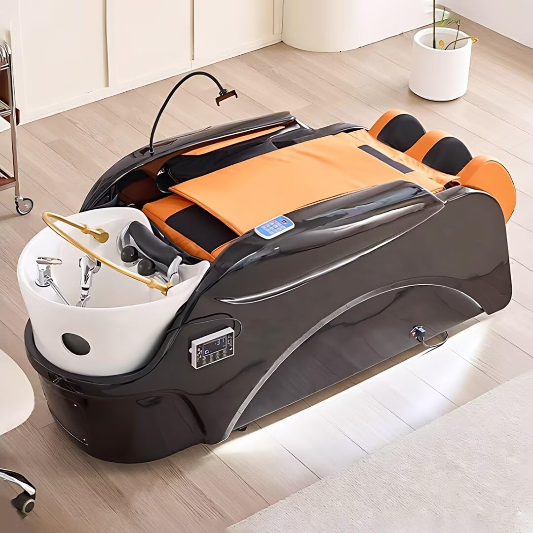 Hair Salon Shampoo Bed - Electric Massage Beauty Bed with Luxury Black Orange Design Head Spa Water Cycle