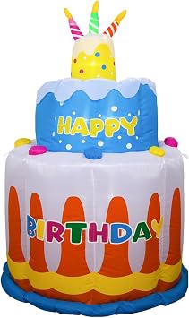 Inflatable Happy Birthday Cake Decor 3 ft, 3-Tier Cake with LED Lights, Magic Up and Down Functionality, Waterproof for Outdoor Celebrations + FREE Aluminum Foil Balloons