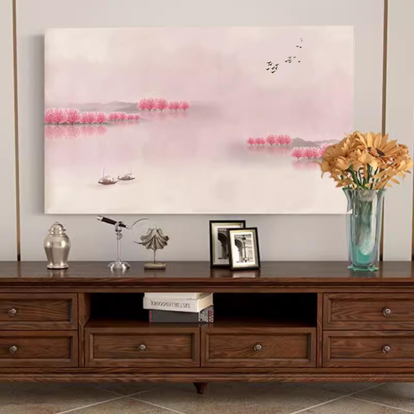 Osłona telewizora, Osłona 32–80 cali‌ Malarstwo krajobrazowe Uniwersalna osłona ekranu ciekłokrystalicznego LCD/LED z płaskim ekranem(Flower,49-52inch)