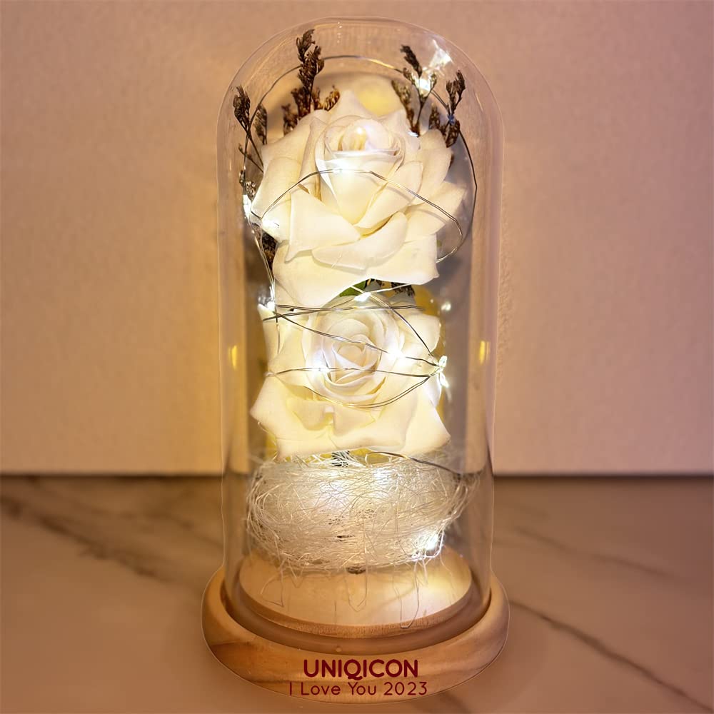 Uniqicon Women's 2Fw-White Eternal Rose Enchanted Sparkly Flower Artifical, Beauty And The Beast Infinity Galaxy Preserved Roses Lamp, Forever Glass Dome Gifts For Anniversary Mothers Girlfriend Wife Her Birthday