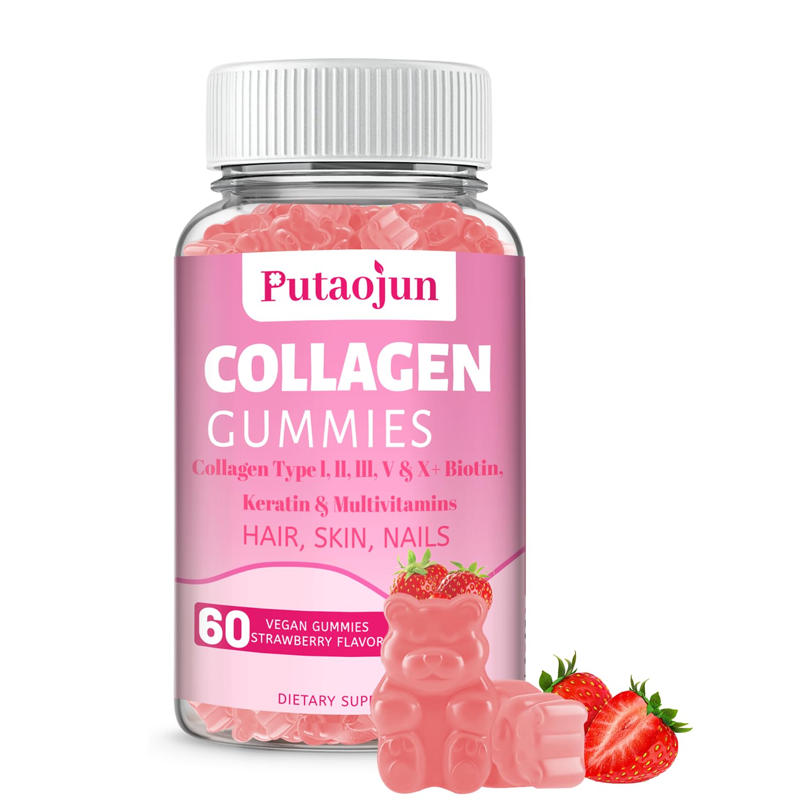 Putaojun Suplemento para cabelos, pele e unhas com colágeno hidrolisado, biotina, vitaminas A, B12, C, D e E, zinco, musgo-marinho irlandês e queratina — 60 gomas