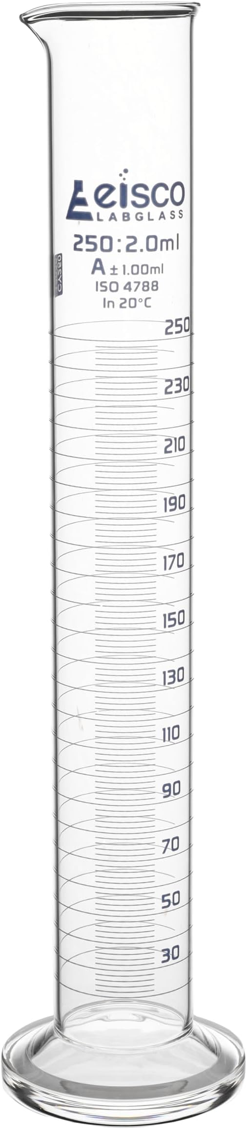 Graduated Cylinder, 250ml - Class A Tolerance ±1.00ml - Round Base - Blue Graduations - Borosilicate 3.3 Glass - Eisco Labs