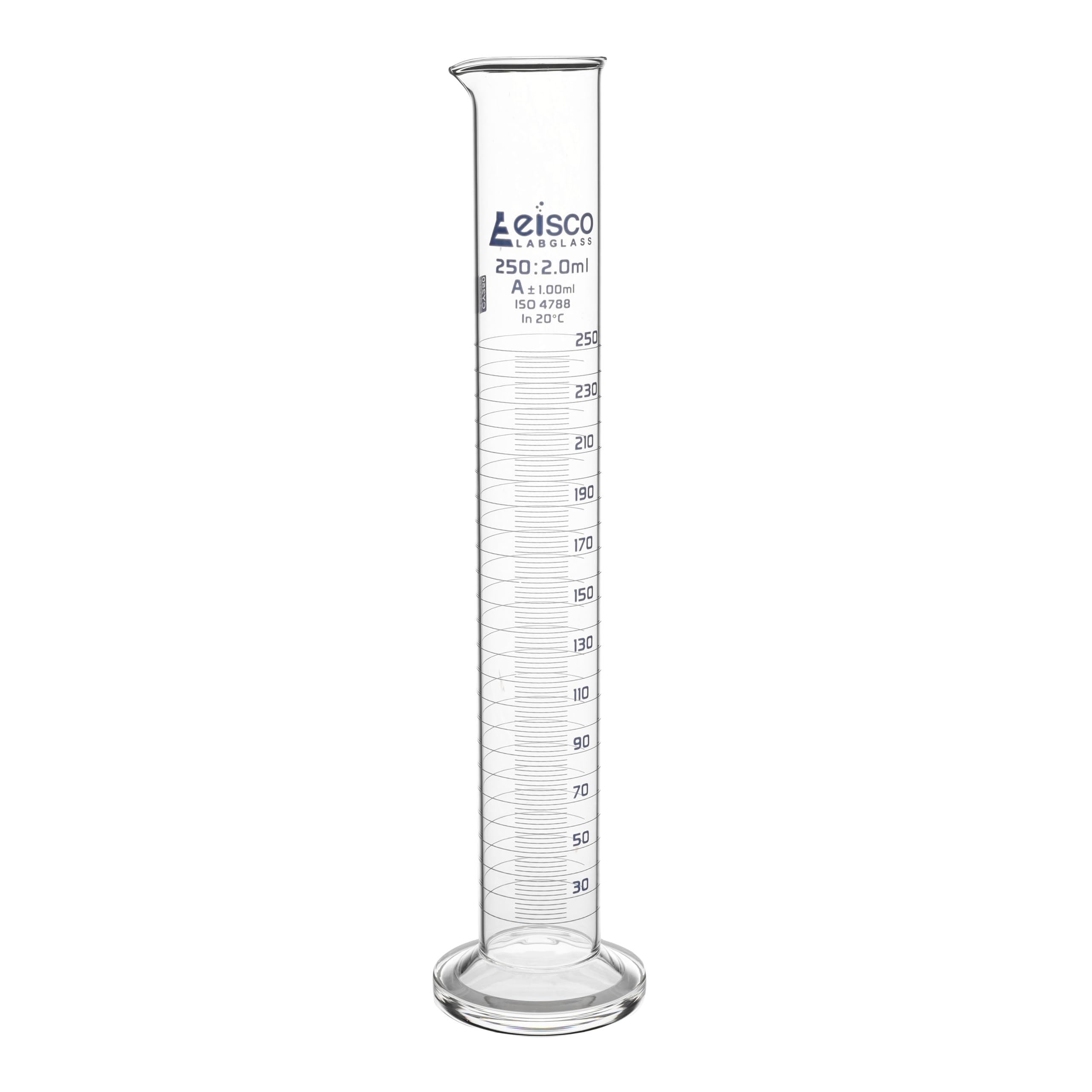 Graduated Cylinder, 250ml - Class A Tolerance ±1.00ml - Round Base - Blue Graduations - Borosilicate 3.3 Glass - Eisco Labs