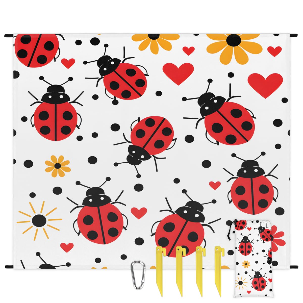 Eabrults Waterproof Sandproof Beach Blanket, 59''×68'' Animals Ladybird Polyester Outdoor Picnic Blanket with 4 Stakes & Storage Bag for Beach,Camping,Vacation White Bottom