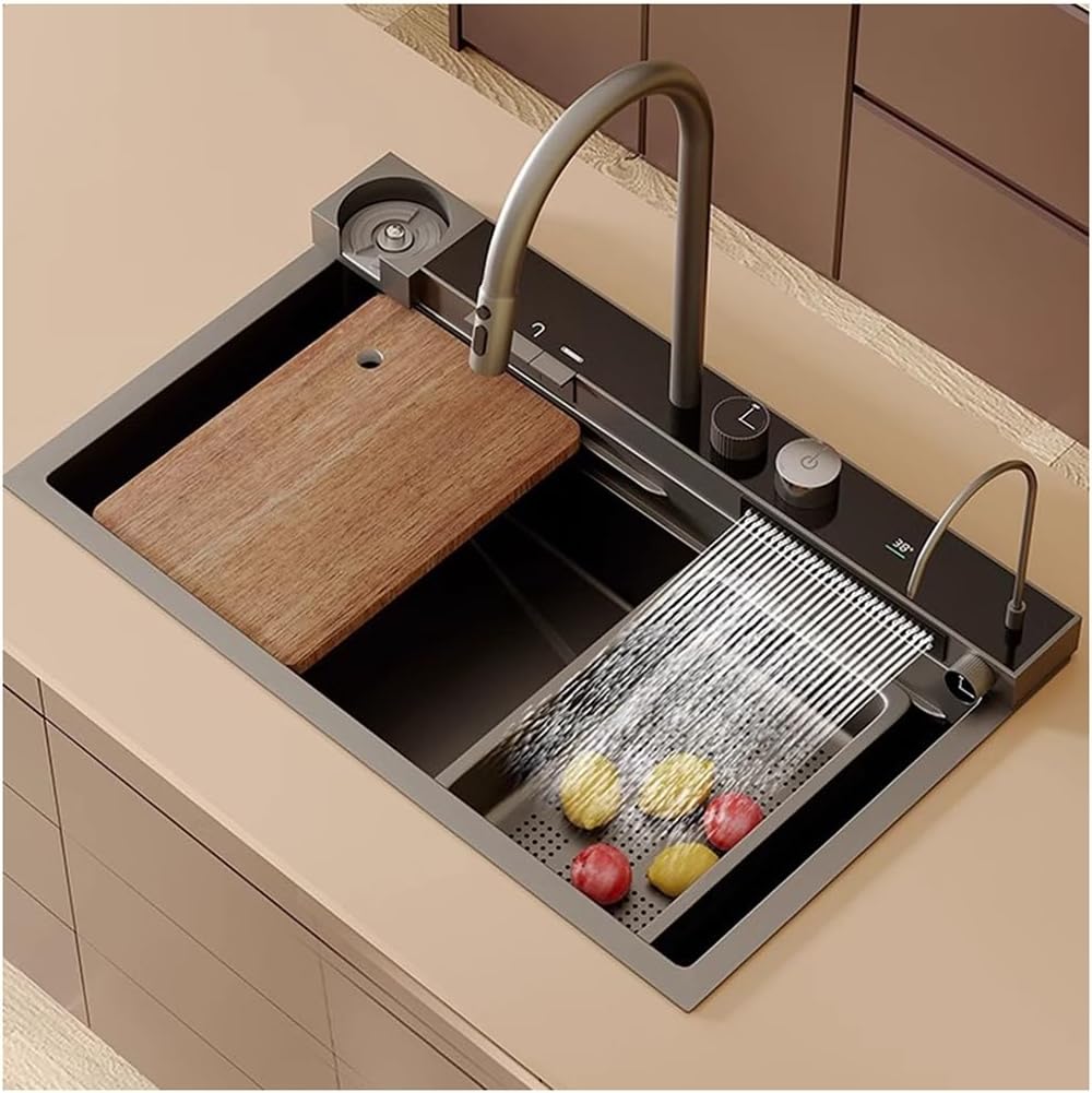 Single-Bowl Bar Prep Sink Versatile Stainless Steel Kitchen Workstation Sink Household Farmhouse Sink Waterfall Pull-Down Faucet and Complete Accessory Set