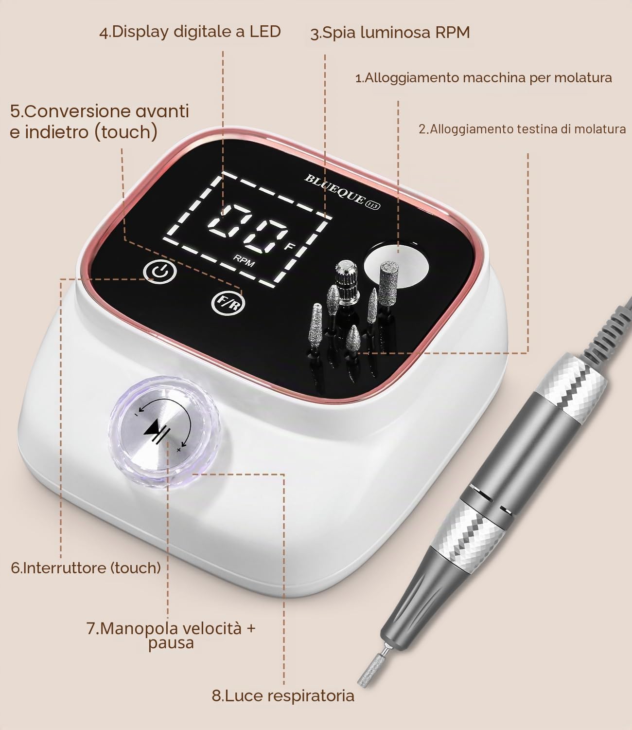 Fresa per Unghie Professionale, 45000RPM Lima Elettrica per Unghie , Touchscreen, con Punta in Ceramica Kit Unghie, Salone Manicure Set e Pedicure Elettrico per Semipermanente Gel