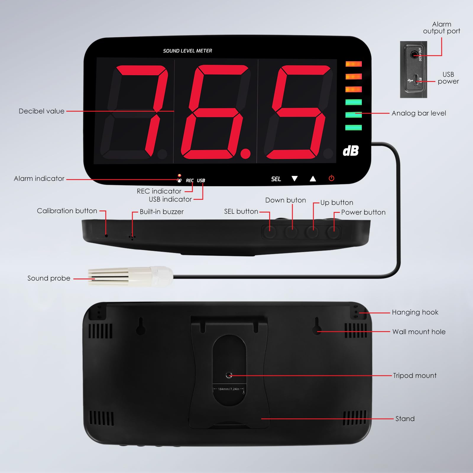 Fonometro Digitale da Parete (30~130 dB) con Display da 13 Pollici, Funzione di Registrazione Dati e Allarme Ccustico, Supporto per Connessione PC