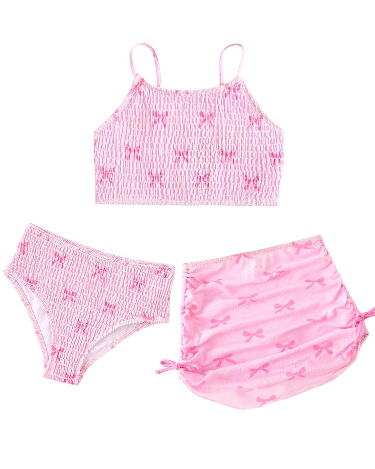JiAmy Traje de baño de 3 piezas para niñas, estampado fruncido, tirantes ajustables, conjunto de bikini con falda, traje de baño de 7 a 13 años