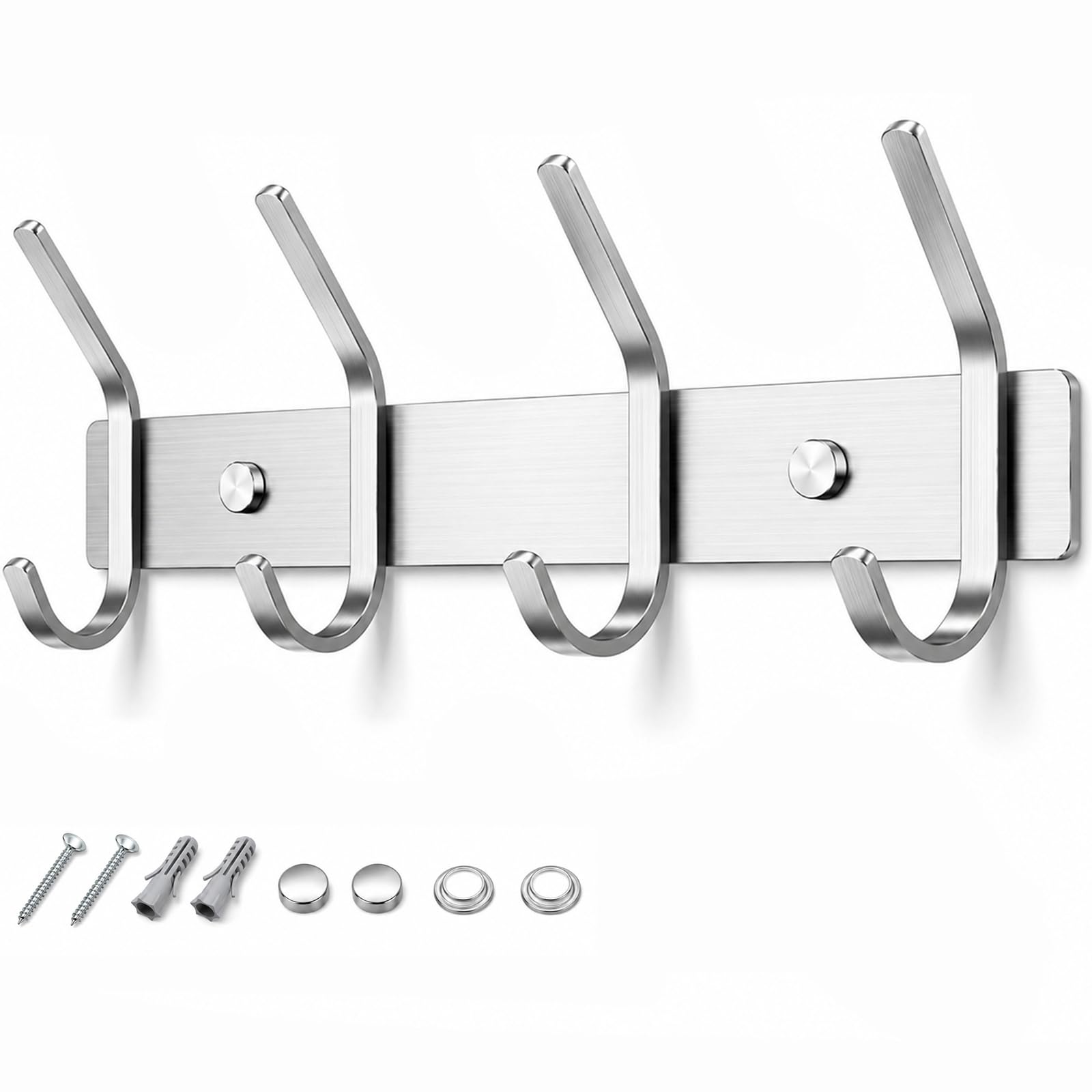 TINIFO Coat Hooks Wall Mounted - Stainless Steel Coat Rack 4 Hook, Silver