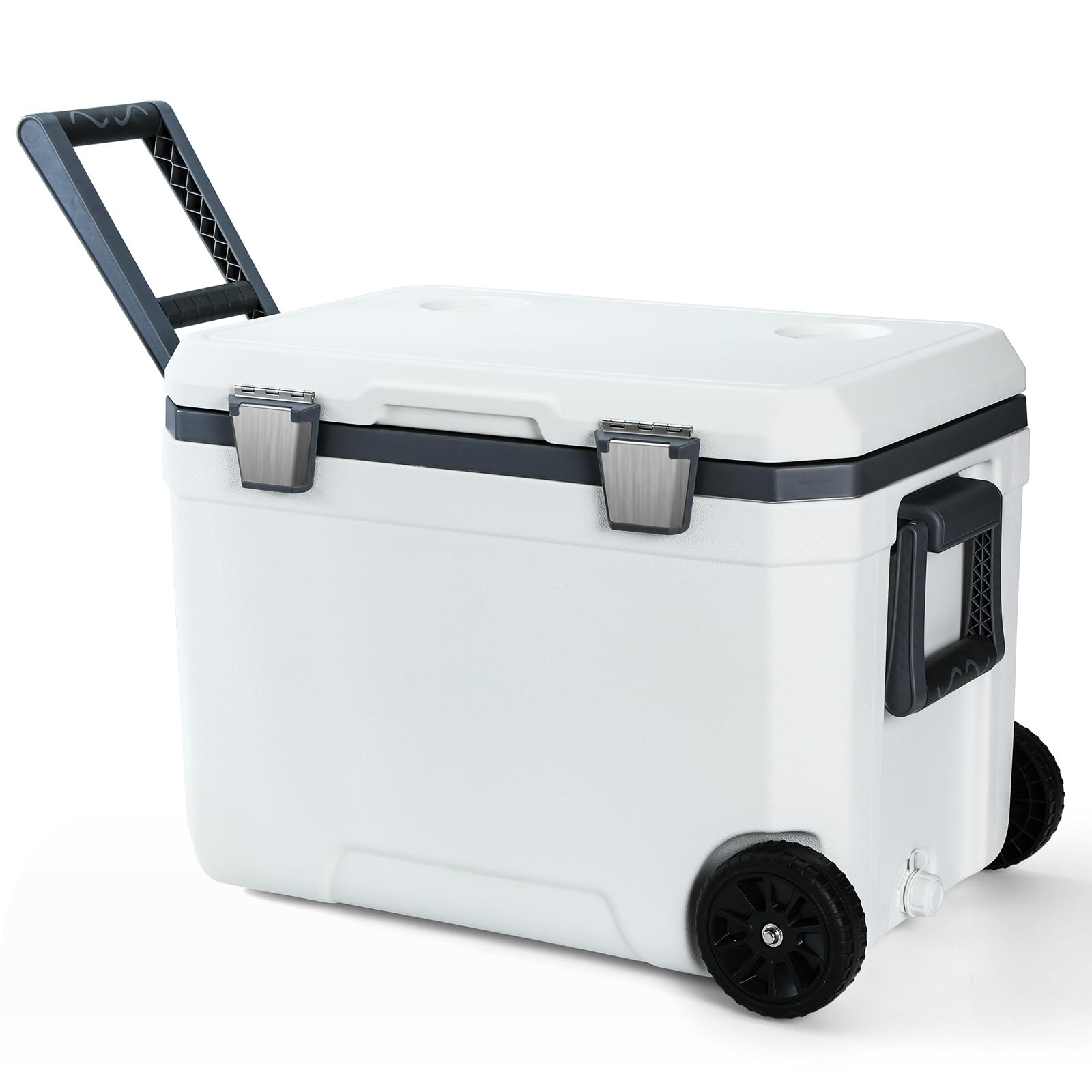MandKreator 47.5QT Portable Wheeled Cooler with Drain Outlet, Handle, Ultra-Light Ice Chest with Cup Holders, Drink Cooler with Long Ice Retention for
