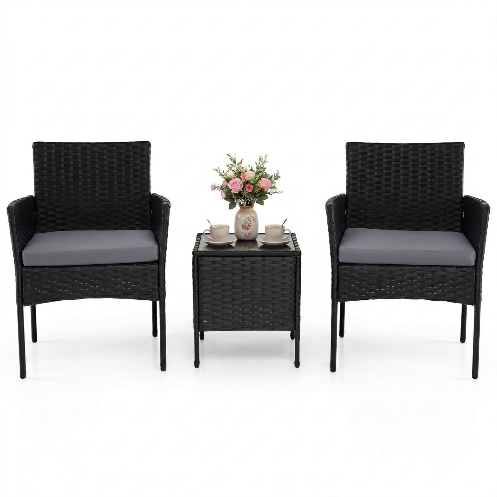 GIANTEX Juego de Muebles Jardín 3 Piezas, 2 Sillones con Cojines Extraíbles y Mesa Auxiliar de Vidrio, para 2 Personas, Muebles de Ratán Exterior para Patio, Balcón, Terraza (Gris)