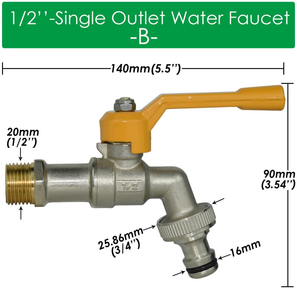 Adaptador de Grifo de Manguera de jardín Conector de Tanque de Agua de 1/2 '' Válvula de Bola de Repuesto de Junta de Grifo de latón de riego bidireccional de 1 vía,B,1PCS
