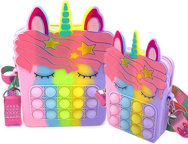 7iper 2 pack Pop purse bag for Girls, 2 in 1 Poppet Bag fidget Toy with Adjustable Shoulder Strap Length, Silicone Crossbody Small Purse Gift for Kids (Unicorn)