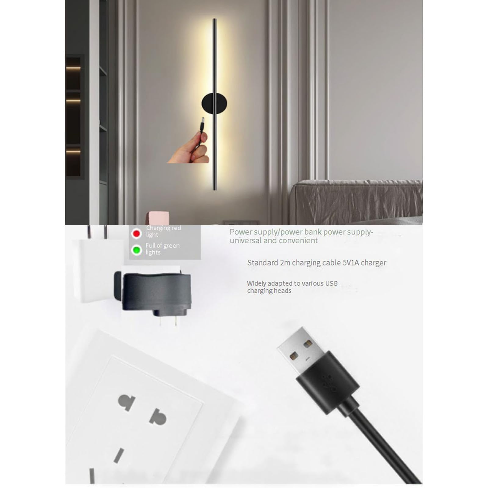 Lampa ścienna ładowana przez USB z czujnikiem ruchu, lampa ścienna na baterie, pasek o długości 120 cm, nowoczesna, do salonu, sypialni, schodów, korytarza (120 cm,