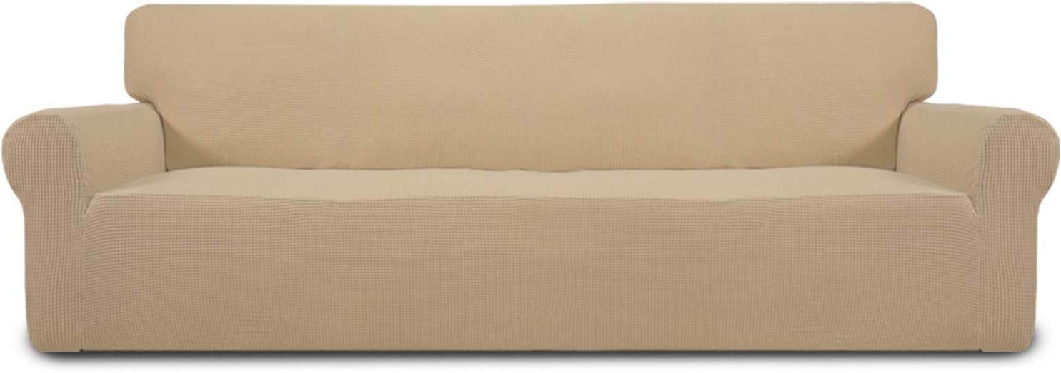 Easy-Going Stretch 4 Seater Sofa Slipcover 1-Piece Sofa Cover Furniture Protector Couch Soft with Elastic Bottom for Kids, Polyester Spandex Jacquard Fabric Small Checks Sand