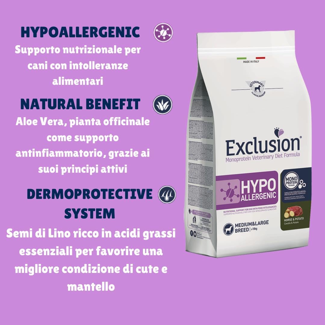 Exclusion Hypoallergenic Medium Adult Caballo y Patatas 2 kg, alimento completo hipoalergénico para perros adultos de talla media con intolerancias alimentarias.