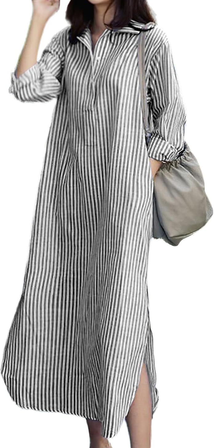 chouyatou Women Casual Long Sleeve V Neck Striped Shift Dress Loose Long Maxi Cotton Shirt Dress with Pocket