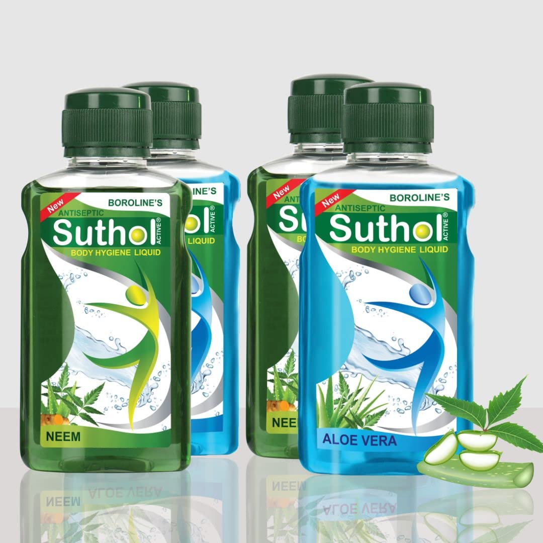 BOROLINE's Suthol Active Neem 200 ml X 2 + Aloe Vera 200 ml X 2, Stops Skin Irritations, Prickly Heat, Itching, With Neem, Turmeric & Aloe vera (Pack of 4)