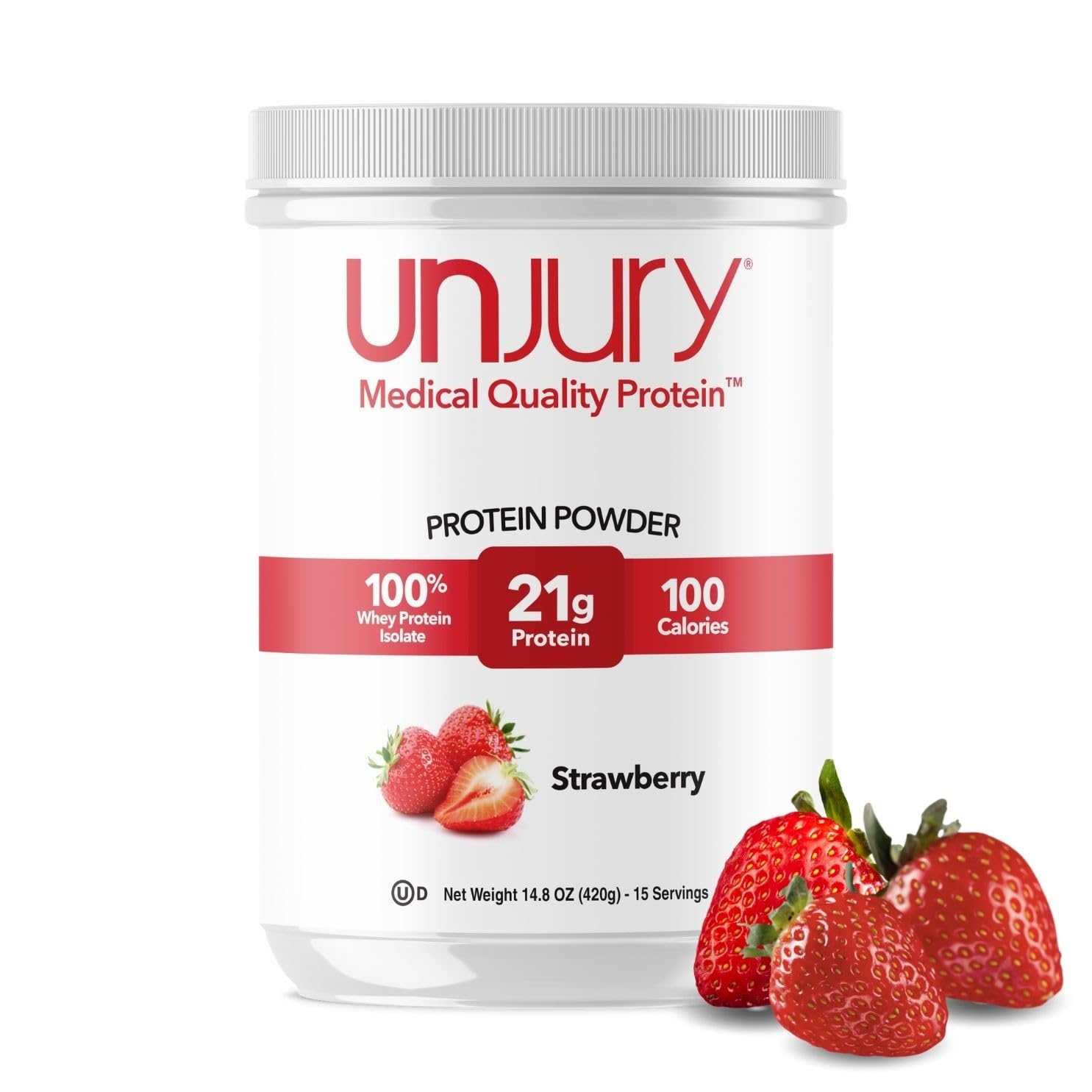 Unjury Whey Protein Powder | Strawberry | 21g 100% Whey Isolate Protein Powder | Low Carb and Lactose Free | Gluten Free | Certified Kosher | 15 Servings
