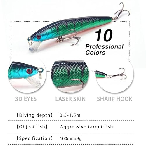 Acaiciee 10pcs 3D Artificial Minnow Fishing Lures Baits,Minnow Fishing Lures Crankbaits Set Fishing Hard Baits Swimbaits Boat Topwater Lures for Trout Bass Perch Fishing