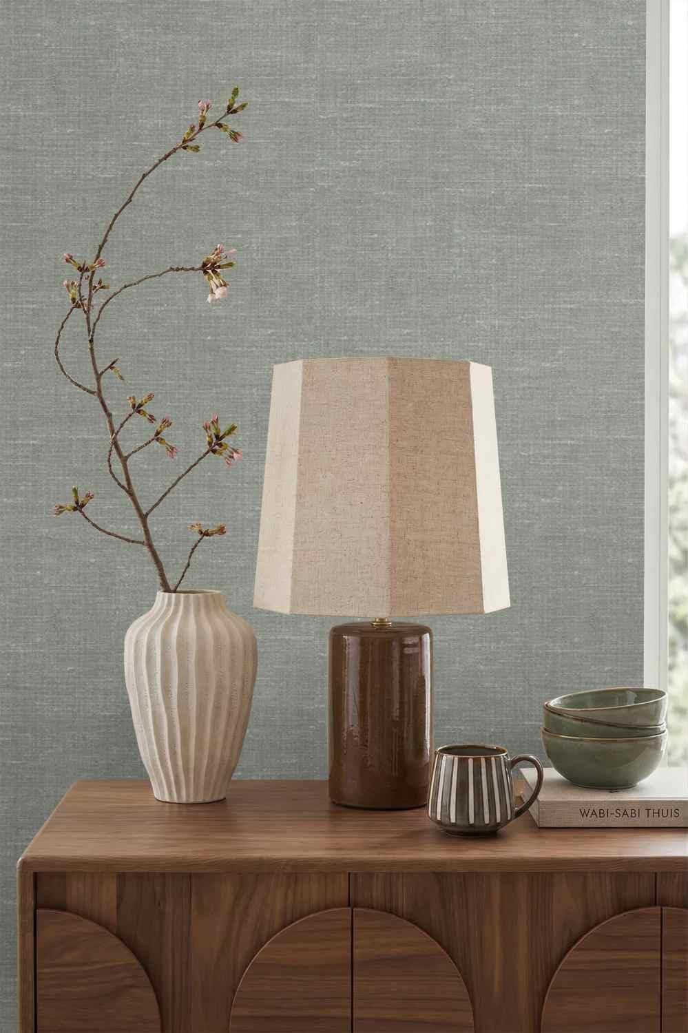 Origin Wallcoverings Tapeta lniana tekstura szaro zielonym 53 cm x 10.05 m