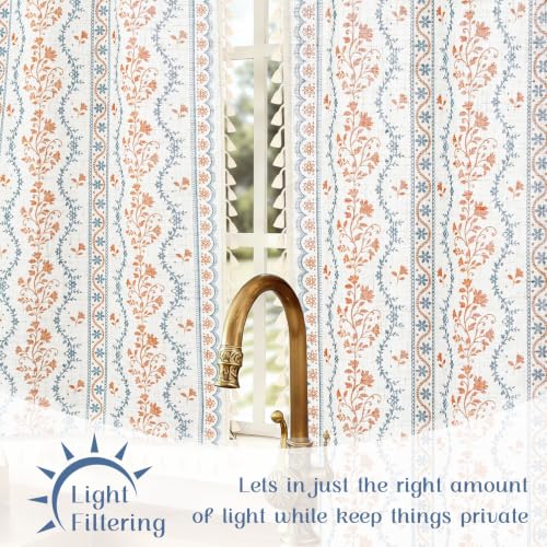 Image of Yinhua Boho Kitchen Curtains 36 Inch Length Vintage Linen Cafe Curtains Light Filtering Bohemian Floral Tier Rod Pocket Farmhouse Rustic Tassel Small Drapes with Tiebacks, 2 Panels, Blue Orange Floral