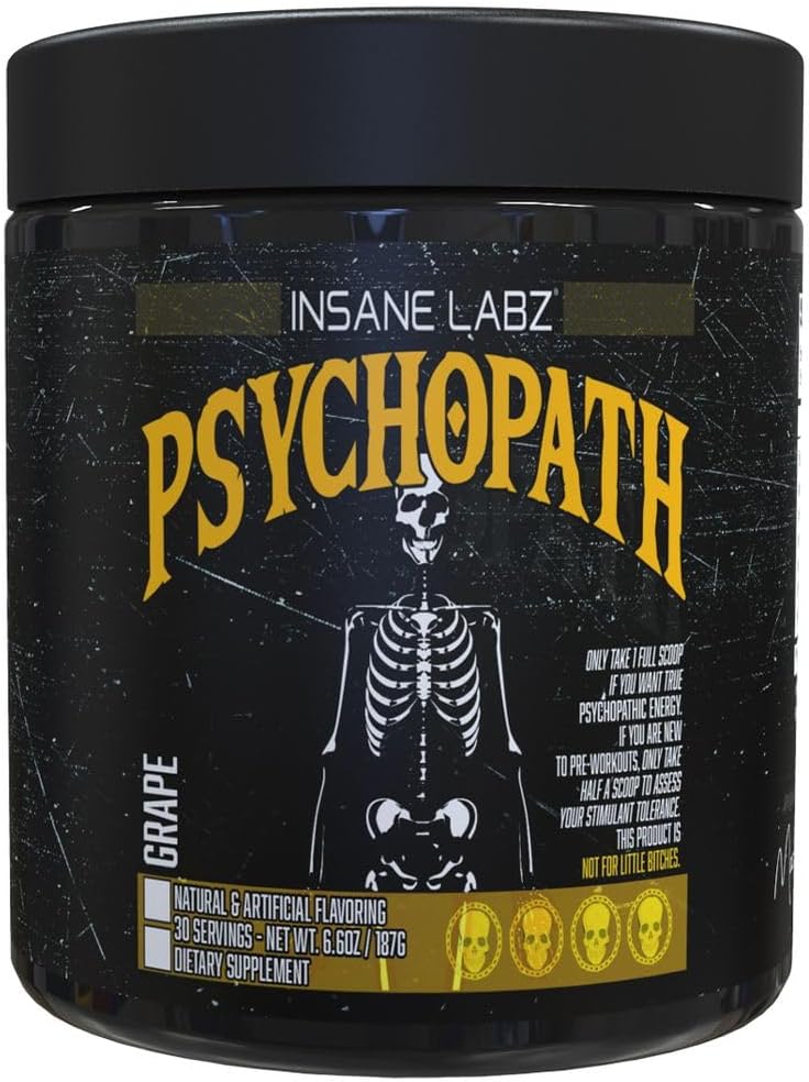 Psychopath, High Stimulant, Insane Energy, Focus and Endurance Preworkout Powder with Panax Ginseng, Rhodiola, Red Sage Root & Rauwolfia (30, Fruit Punch)