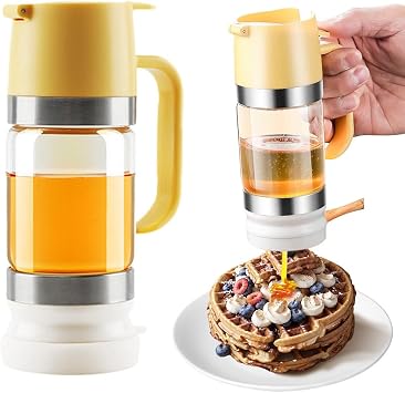 No-Drip Honey Dispenser, Glass Honey Dispenser, Honey Dispensers No Drip Glass, Maple Syrup Dispenser, 9 OZ Honey Jar with Handle, Syrup Dispenser for Coffee or Tea Yellow