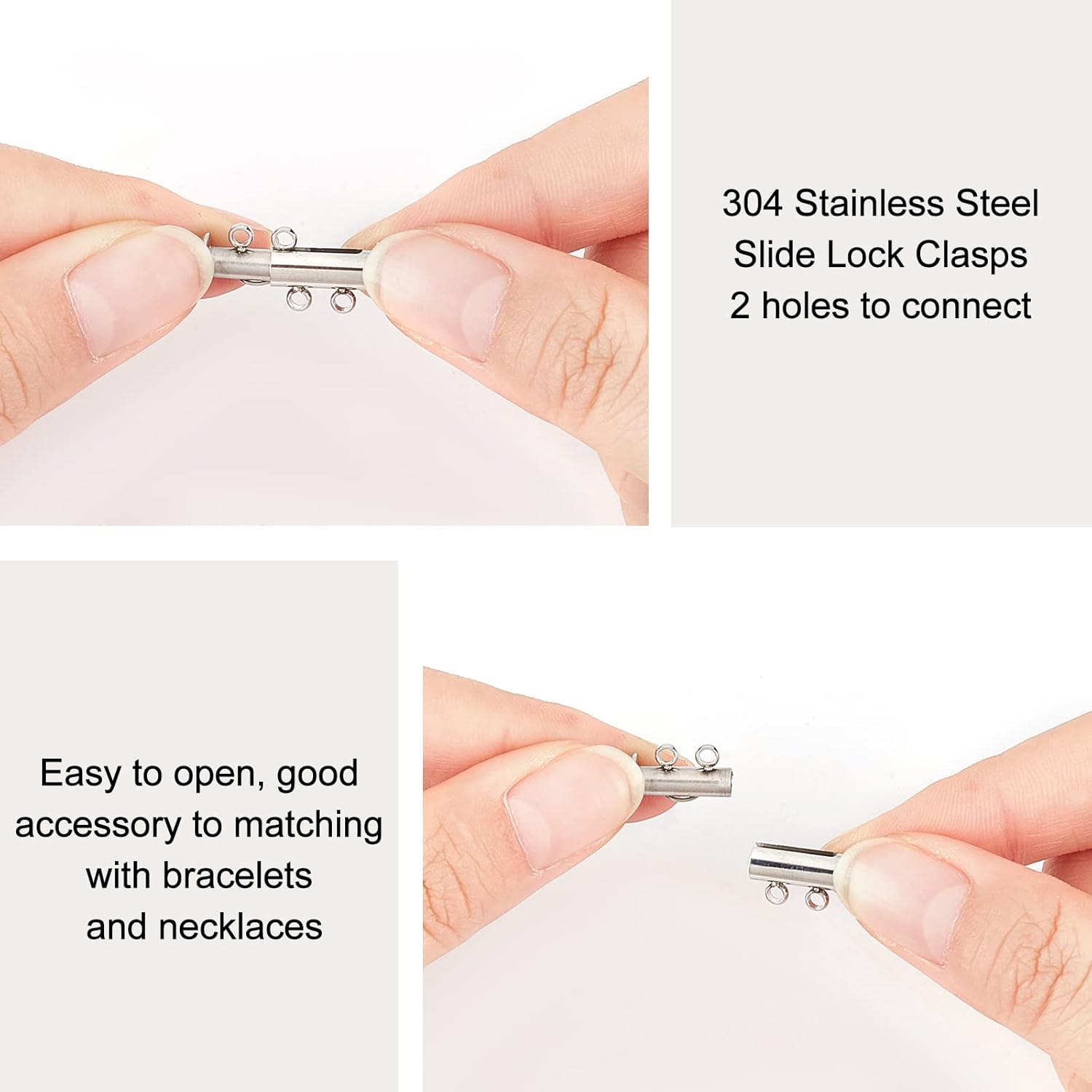 PH PandaHall 10 Sets Stainless Steel Slide Lock Clasps Tube Necklace Multilayer Chain Clasp Connectors 2 Strands Jewelry Clasps for Necklace Bracelet Jewelry Findings 15x10x6.5mm, Hole 1.8mm
