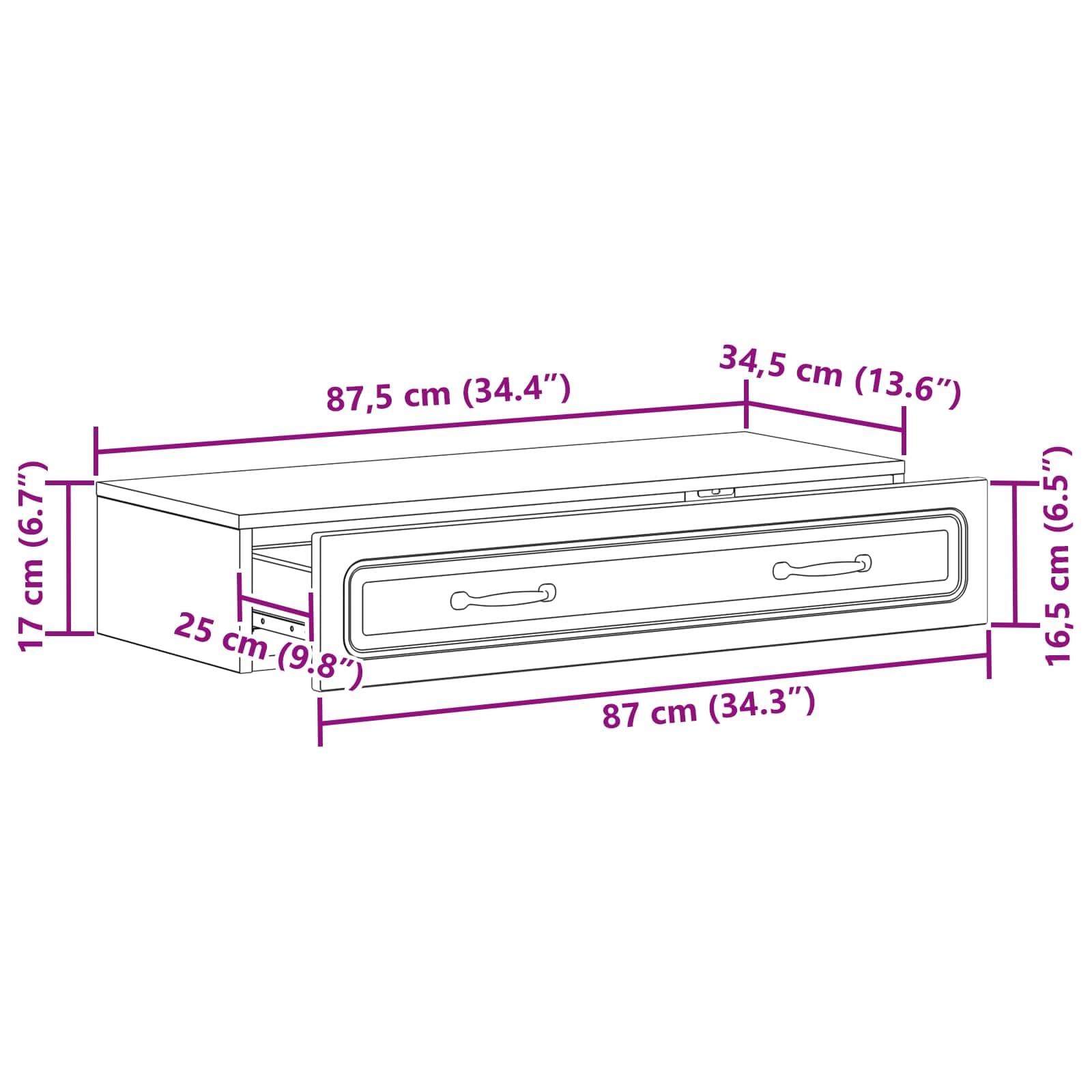 Tavolino da parete grigio cemento, 87,5 x 34,5 x 17 cm, in legno con cassetto e scomparto chiudibile, organizer per ufficio, soggiorno, corridoio, garage