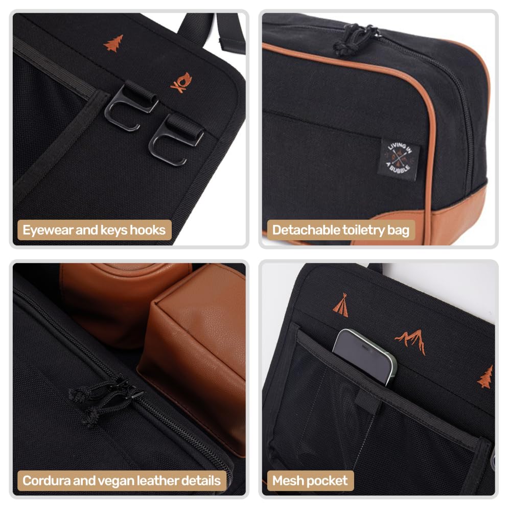 Image of Living in a Bubble Seat back Organizer - Magnetic Toiletry and Cooler Pouch, Cordura Car Backseat Storage with Device Holder & Hooks, Multi-Compartment Utility Bag for Campervans & Family Travel