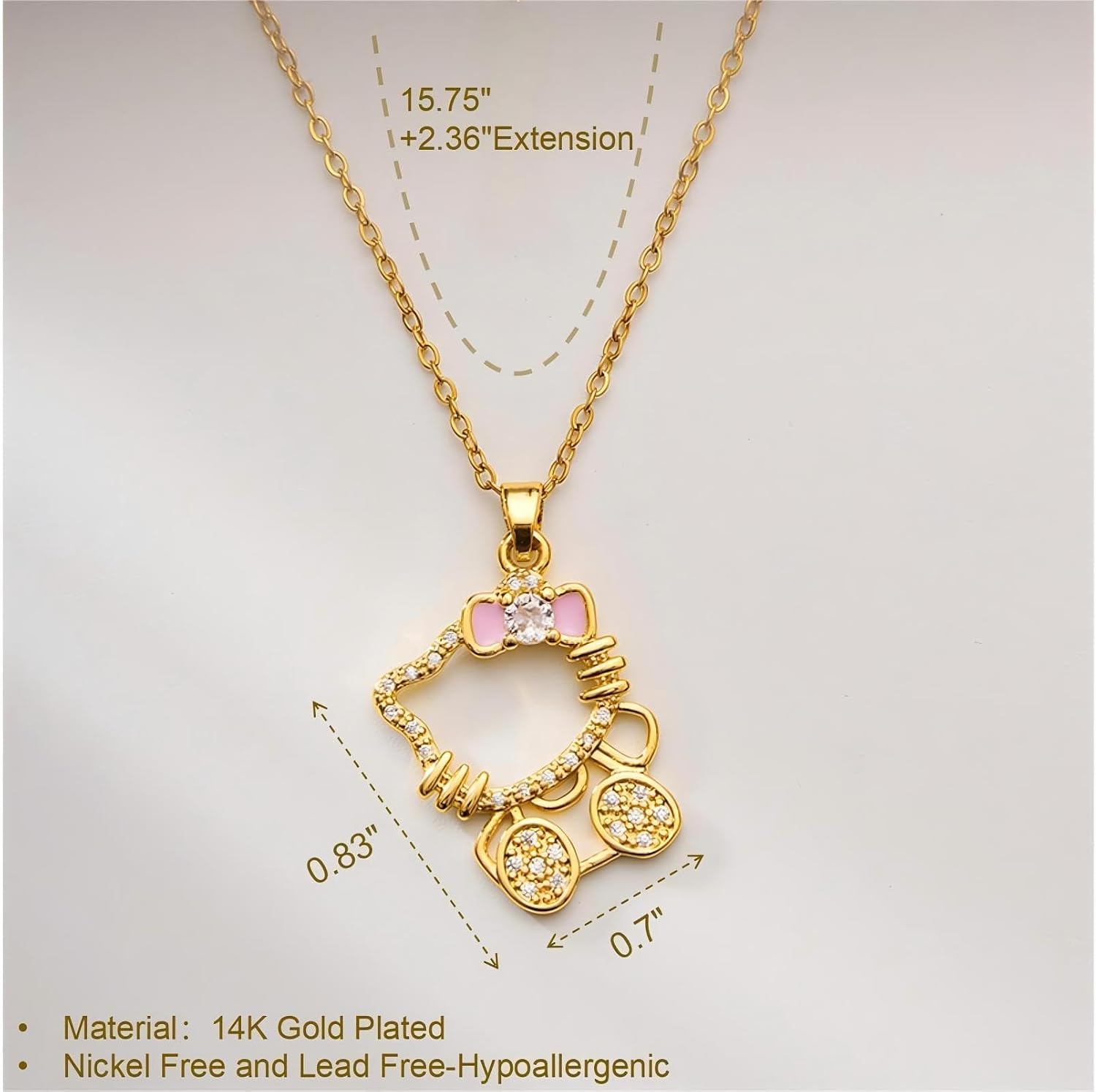 Cute Kitty Gold-Plated Necklace Bracelet Set, Cat Bow Pendant with Simulated Diamonds and Pearls, Adjustable Chain for Women,Kawaii Gift Jewelry (Gold)