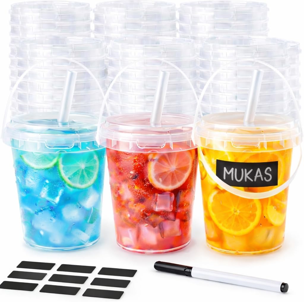 30-Pack 34 oz Plastic Cups with Lids & Straws, Disposable Coffee Cups for Iced Coffee, Smoothie, Milkshake, Cold & Hot Drinks, Durable Food-Safe Clear Party Cups – Includes Labels & Marker