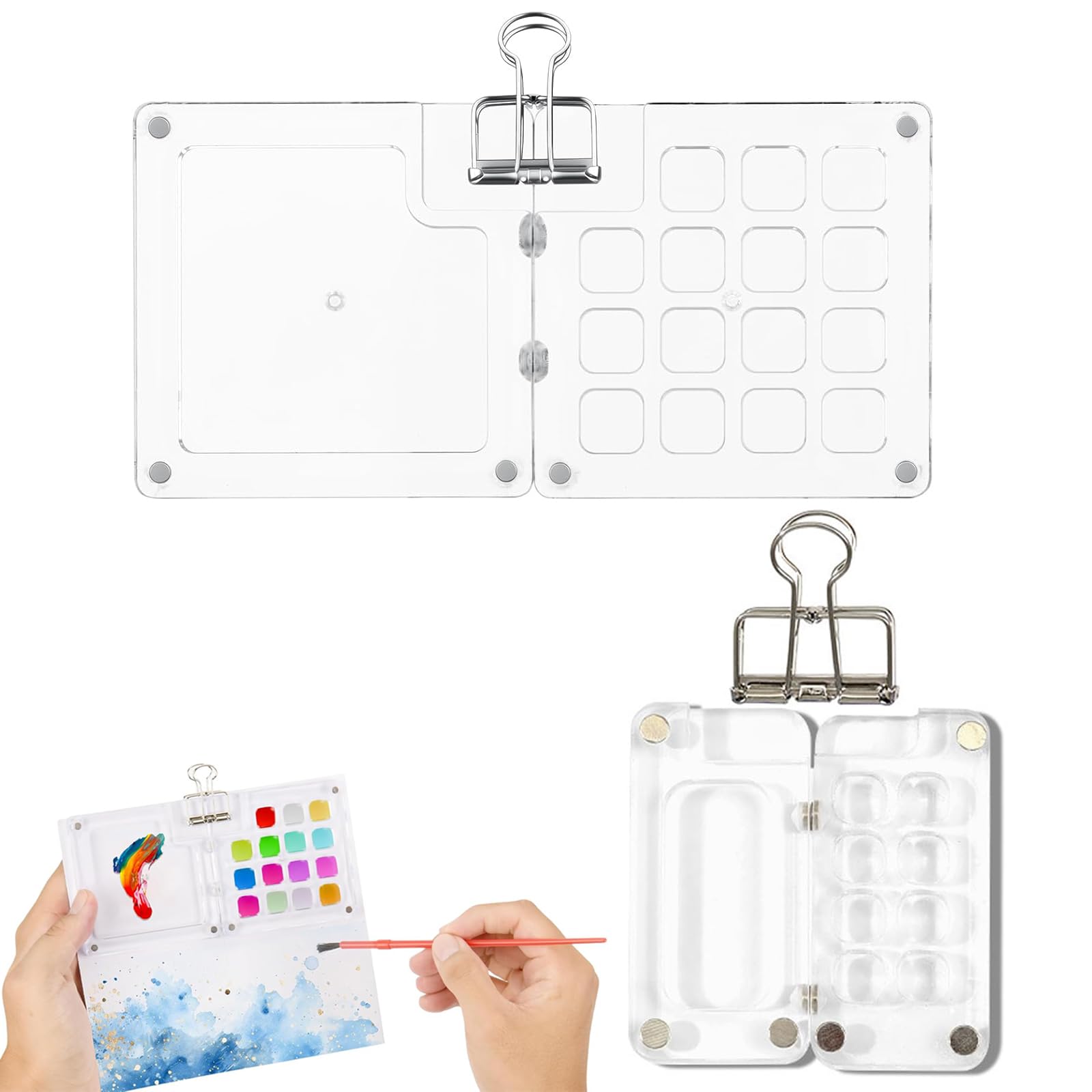 絵の具パレット 水彩パレット 2個セット 水彩トレイ ケース 蓋付き 小型 軽量 透明 アクリル 金属クリップ付き（8グリッド + 15グリッド）